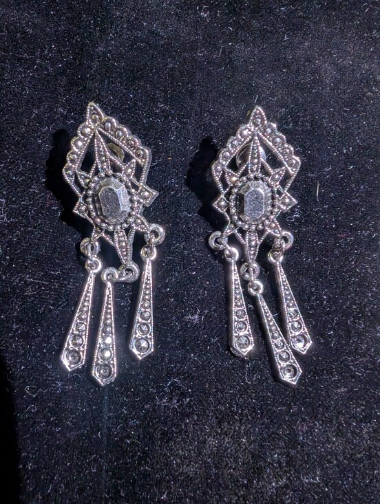 Jewelry - Silver-Tone Marcasite Drop Earrings - Elegant Vintage Style